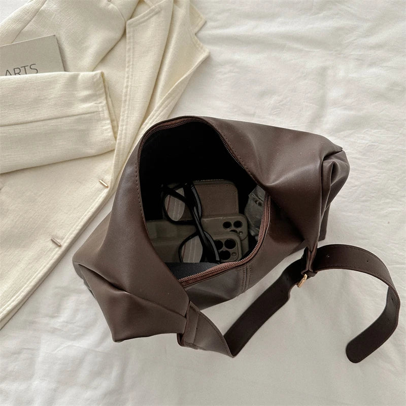 Trendy Casual Soft PU Women's Handbags Solid Color Large Capacity Female Shoulder Bag Retro Tote Bag For Commute Shopping