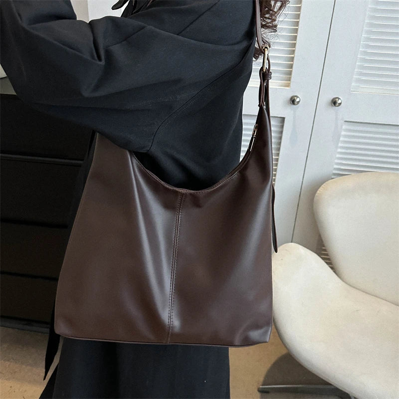 Trendy Casual Soft PU Women's Handbags Solid Color Large Capacity Female Shoulder Bag Retro Tote Bag For Commute Shopping