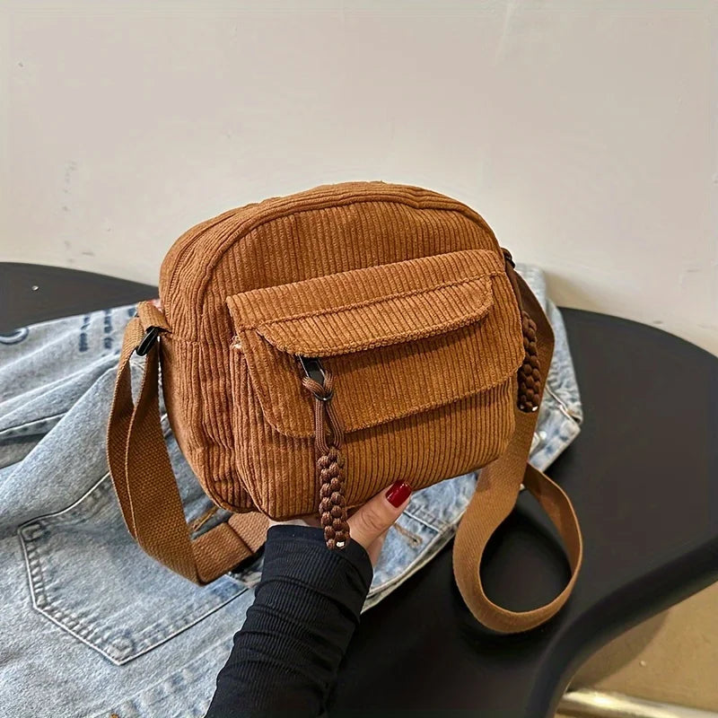 Vintage Harajuku Corduroy Crossbody Bag, Casual Japanese Style Handbag Shoulder Bag with Zipper Closure,Chic Everyday Use Purse