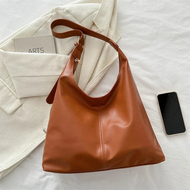 Trendy Casual Soft PU Women's Handbags Solid Color Large Capacity Female Shoulder Bag Retro Tote Bag For Commute Shopping