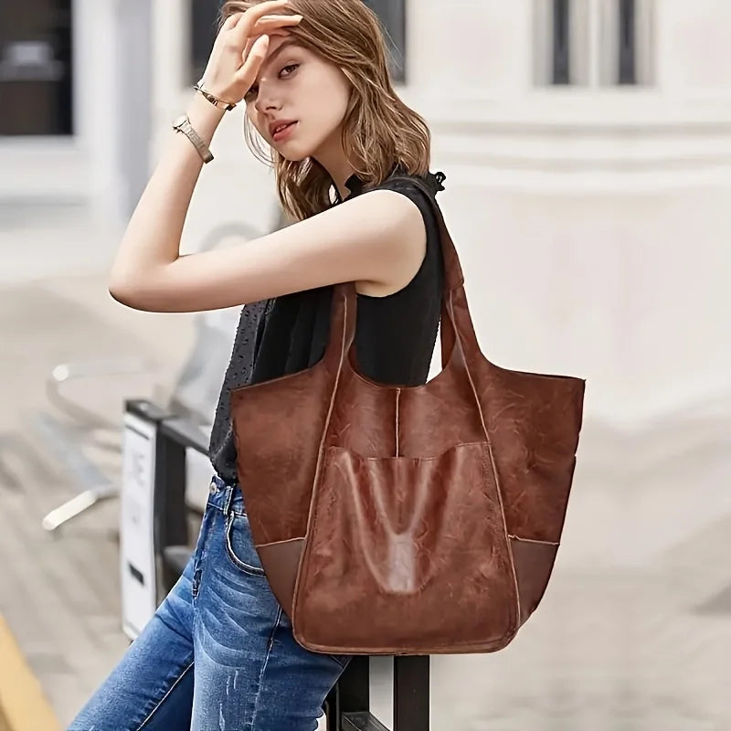 Retro Minimalist Tote Bag Large Capacity Shopping Bag Fashion PU Leather Soft Leather Shoulder Bag